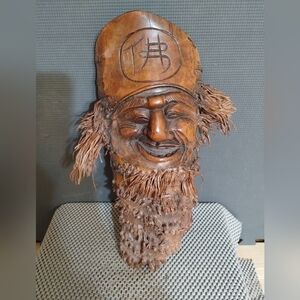 Vintage Chinese Bamboo Root Carving of Monk Face Wall Hanging Decor